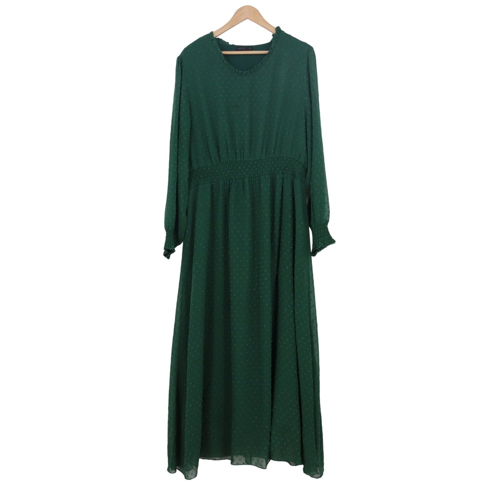 Shein Curve Dark Green Swiss Dot Maxi Dress Plus Size 2XL Smocked Waist Ruffle
